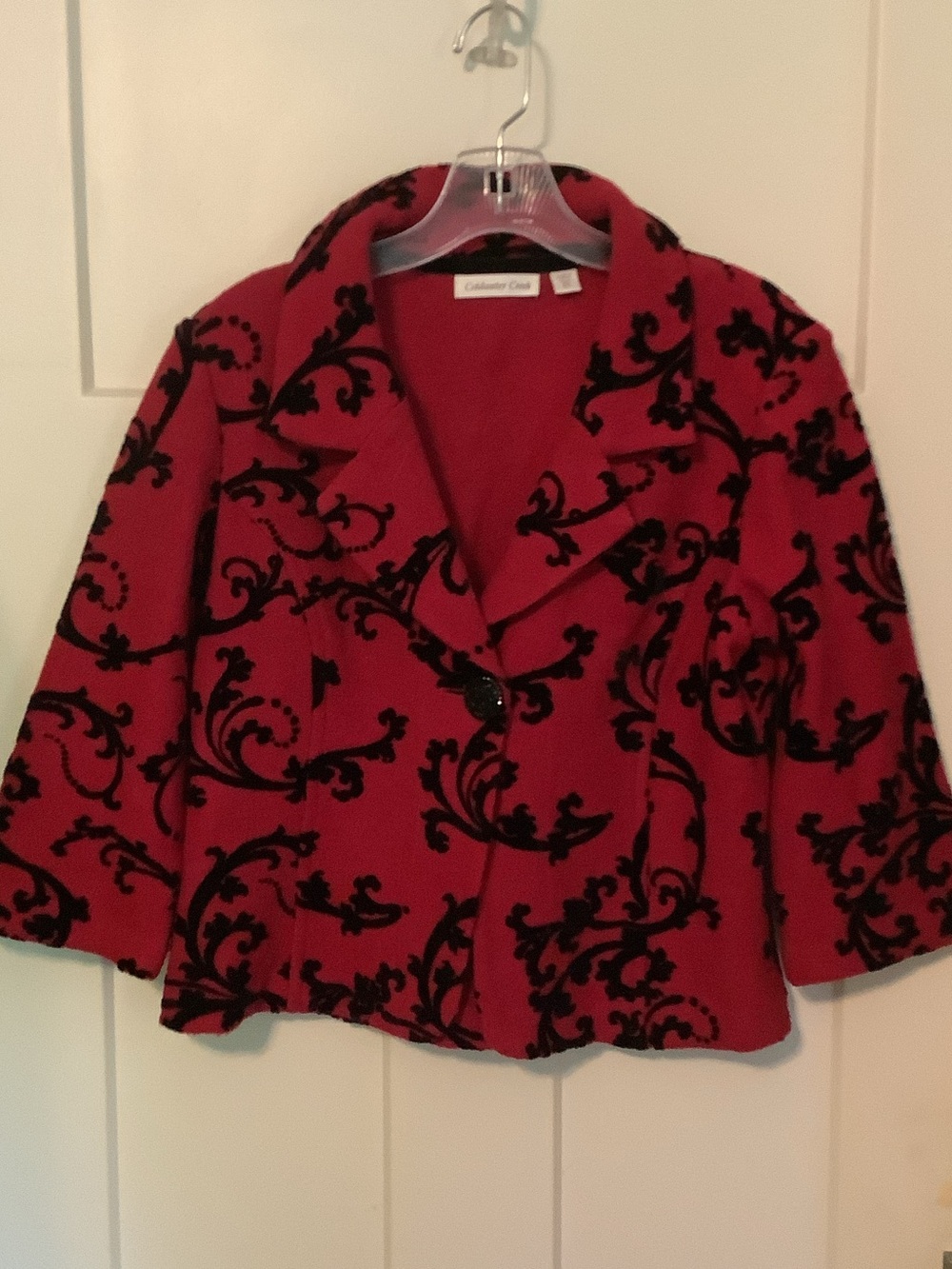 Coldwater Creek Red Jacket with Black Damask Flocked Pattern